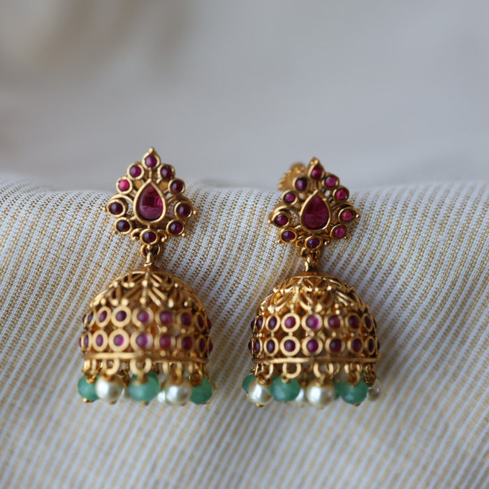 Antique green bead  small design jumka earrings  AJJ418