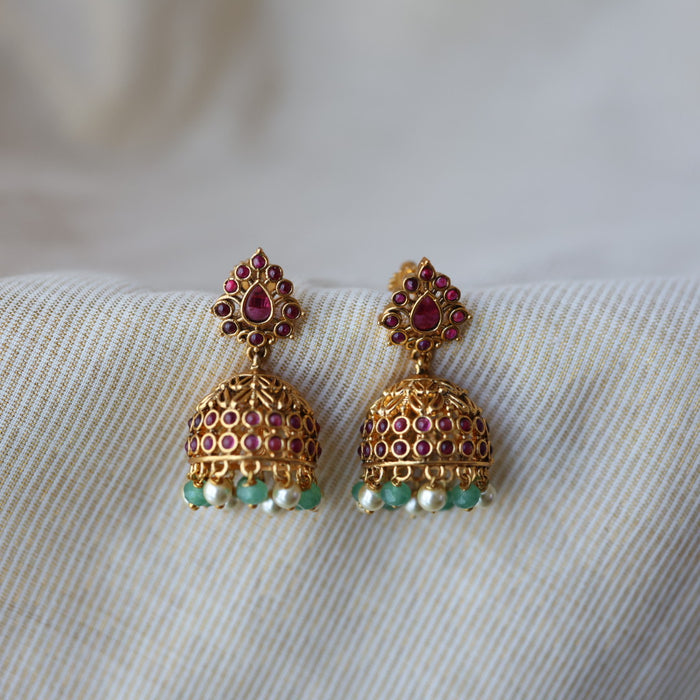 Antique green bead  small design jumka earrings  AJJ418