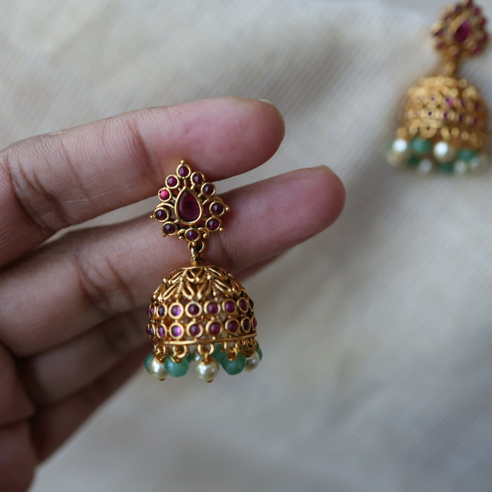 Antique green bead  small design jumka earrings  AJJ418