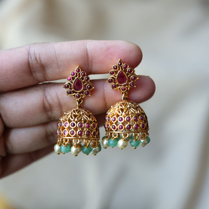 Antique green bead  small design jumka earrings  AJJ418