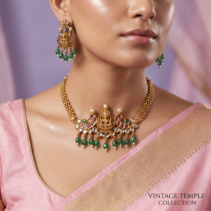 Antique green stone choker necklace with earrings CCB167