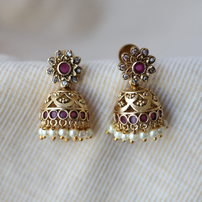 Antiqu ruby white stone jumka earrings AJJ2073