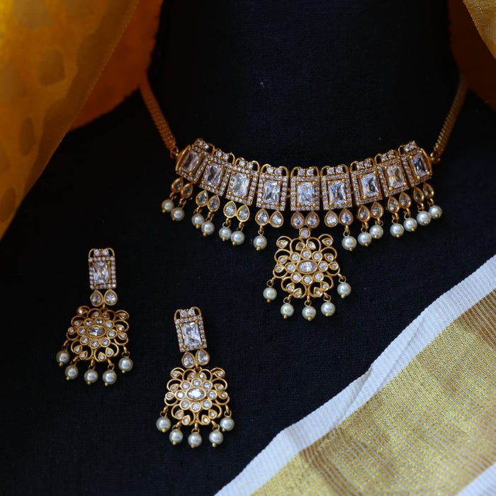 Antique white stone choker necklace and earrings CCB1112