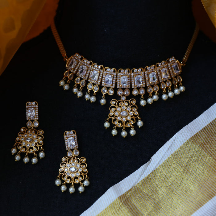 Antique white stone choker necklace and earrings CCB1112