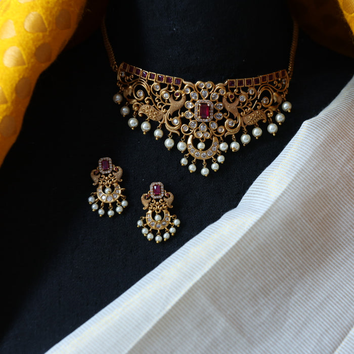 Antique ruby stone choker necklace and earrings CCB11144