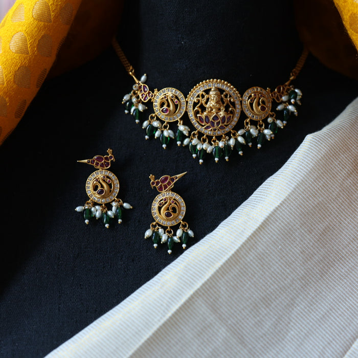 Antique green stone choker necklace and earrings CCB11144