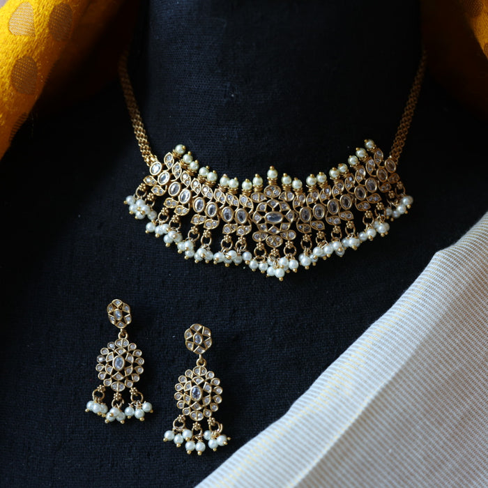 Antique white stone choker necklace and earrings CCB11145