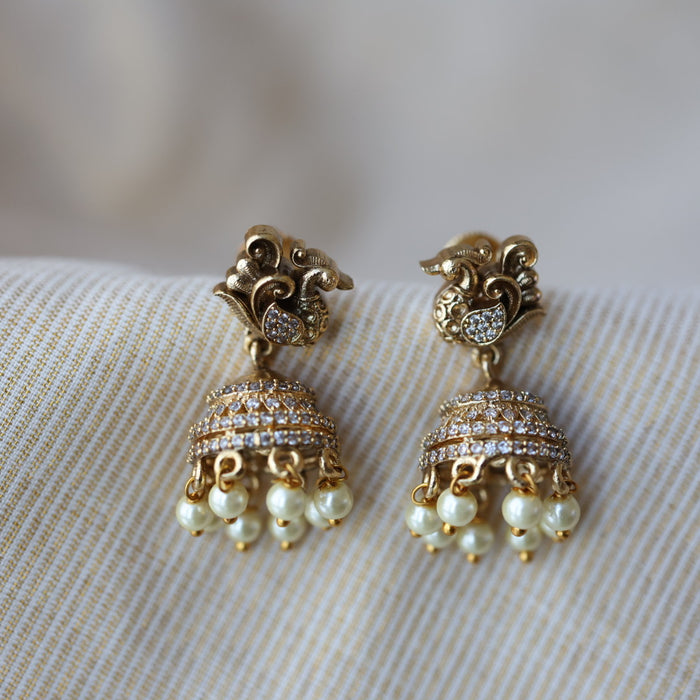 Antique gold white stone jumka earrings AJJ233