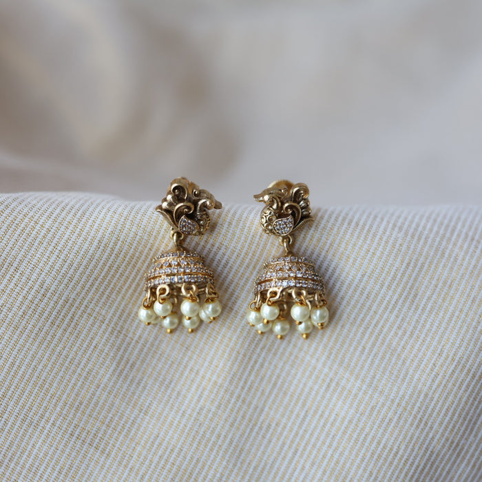 Antique gold white stone jumka earrings AJJ233