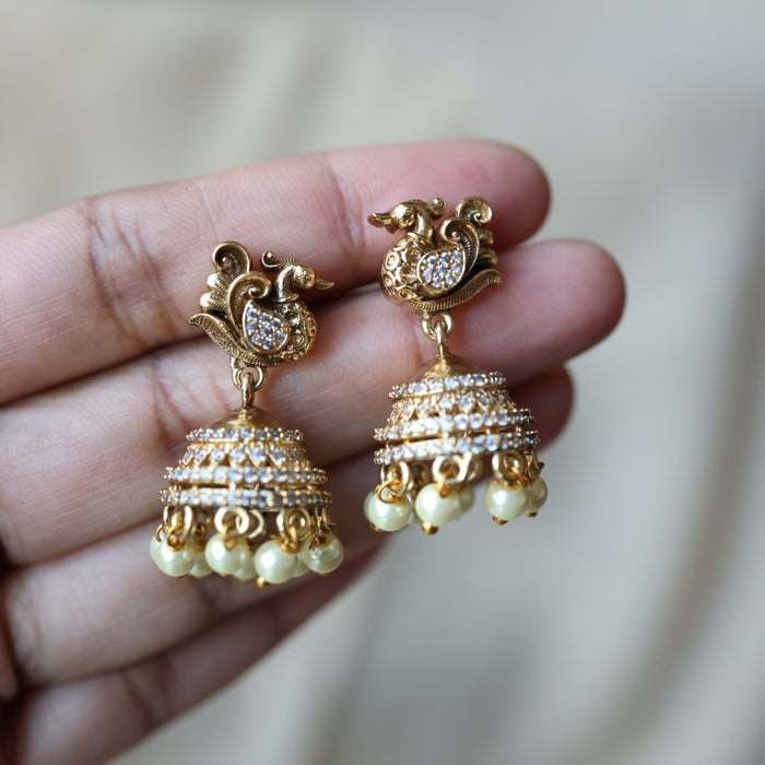 Antique gold white stone jumka earrings AJJ233