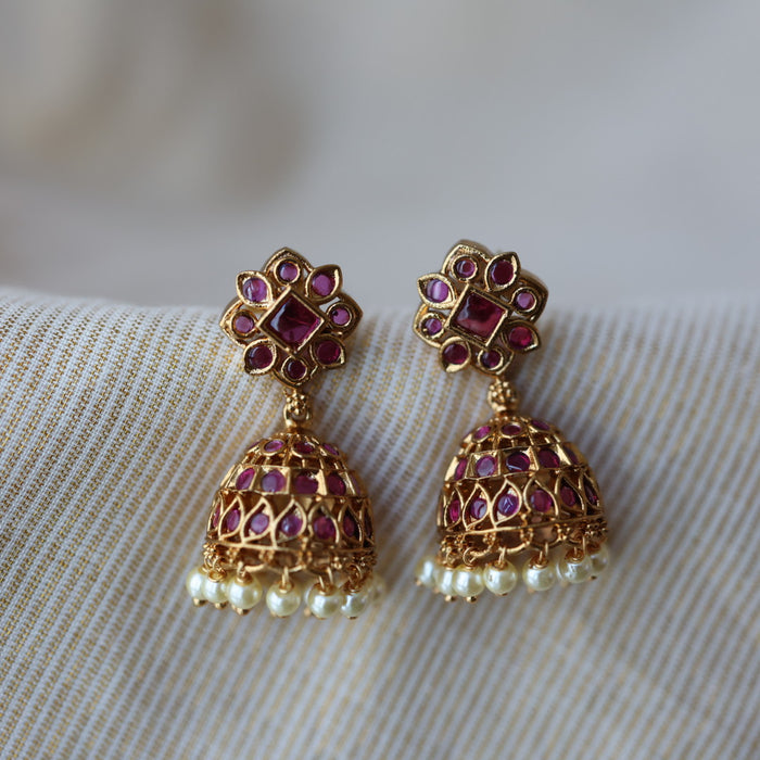 Antique gold ruby green stone jumka earrings AJJ111