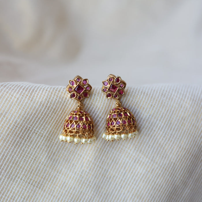 Antique gold ruby green stone jumka earrings AJJ111