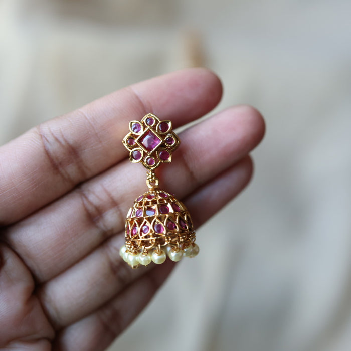 Antique gold ruby green stone jumka earrings AJJ111