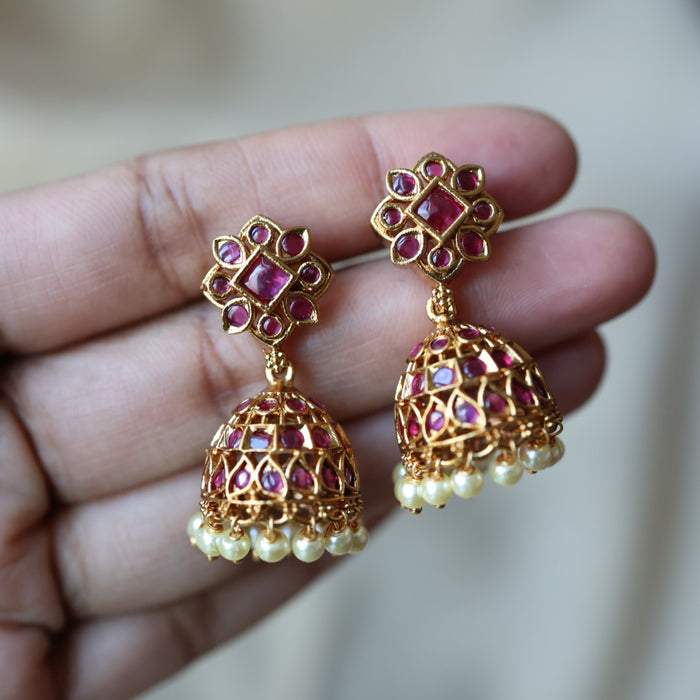 Antique gold ruby green stone jumka earrings AJJ111