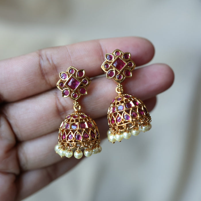 Antique gold ruby green stone jumka earrings AJJ111