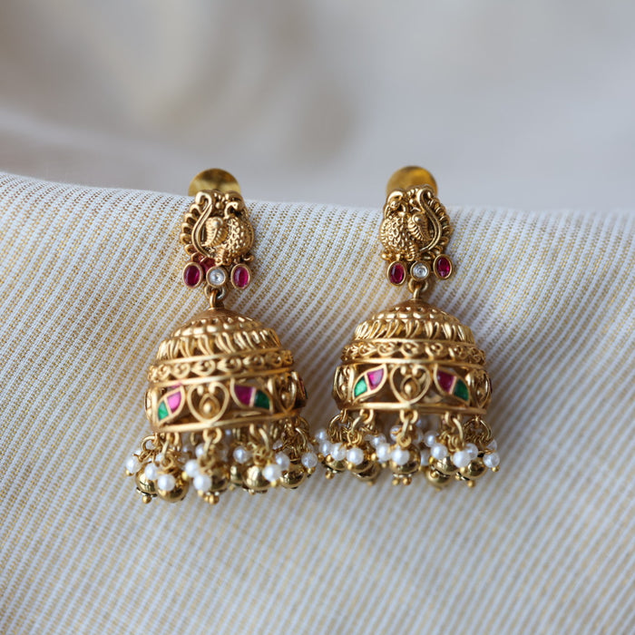 Antique ruby stone pearls jumka earrings AJJ219