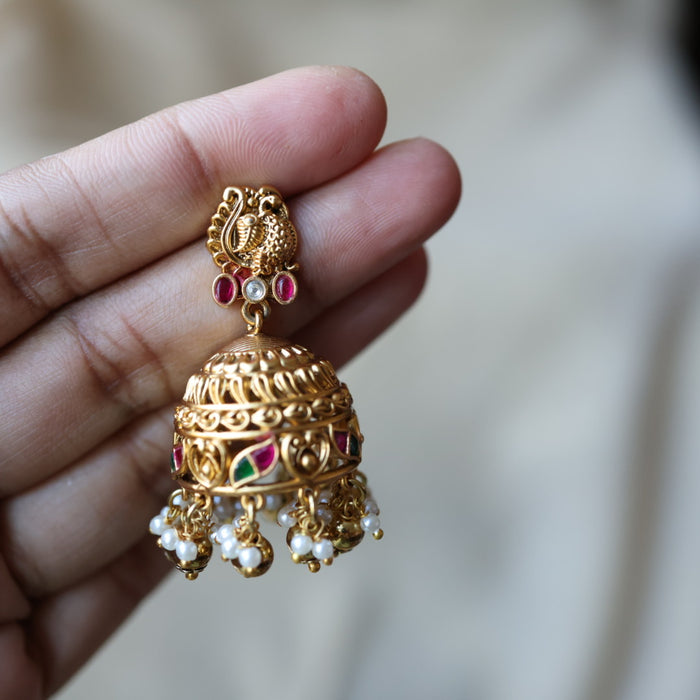 Antique ruby stone pearls jumka earrings AJJ219