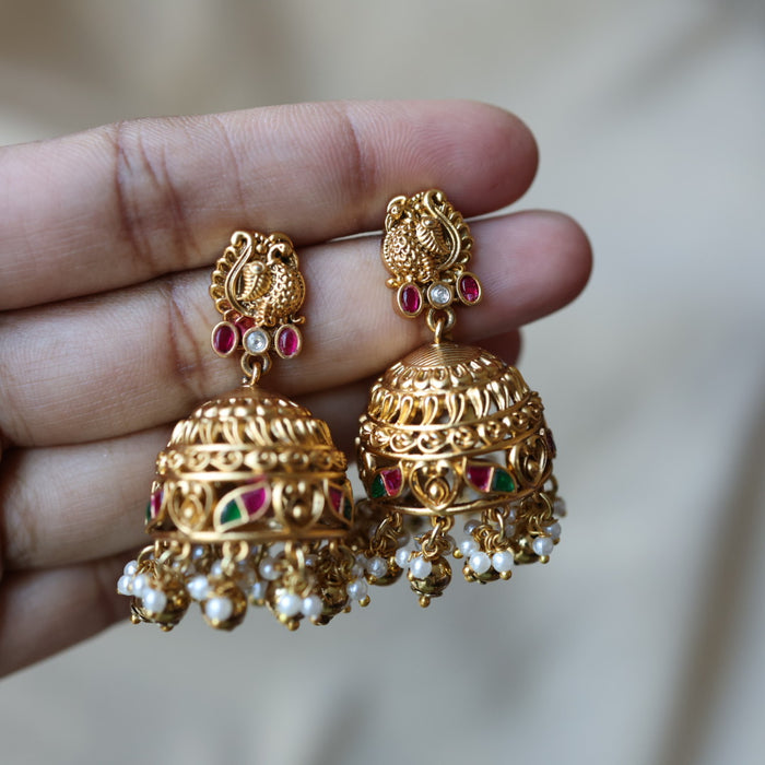 Antique ruby stone pearls jumka earrings AJJ219