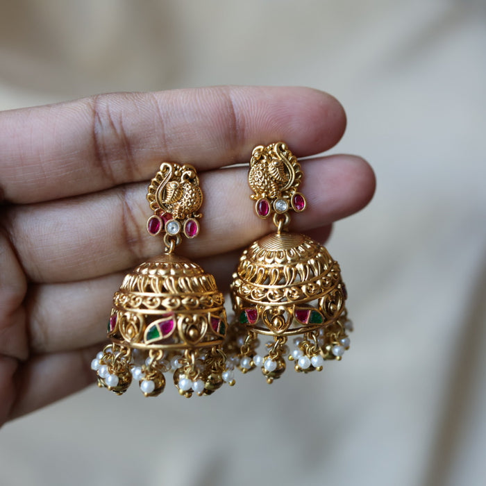 Antique ruby stone pearls jumka earrings AJJ219