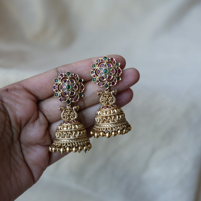 Antique ruby green stone jumka earrings AJJ0862