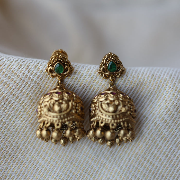 Antique green stone jumka earrings AJJ07852