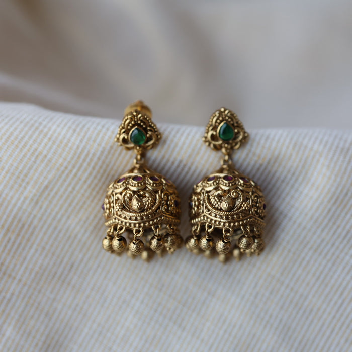 Antique green stone jumka earrings AJJ07852