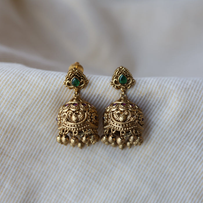 Antique green stone jumka earrings AJJ07852