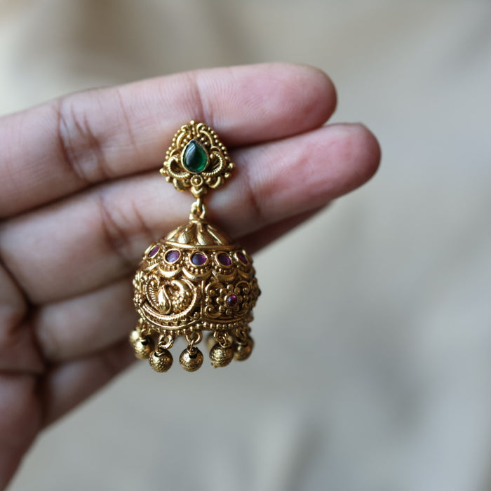 Antique green stone jumka earrings AJJ07852