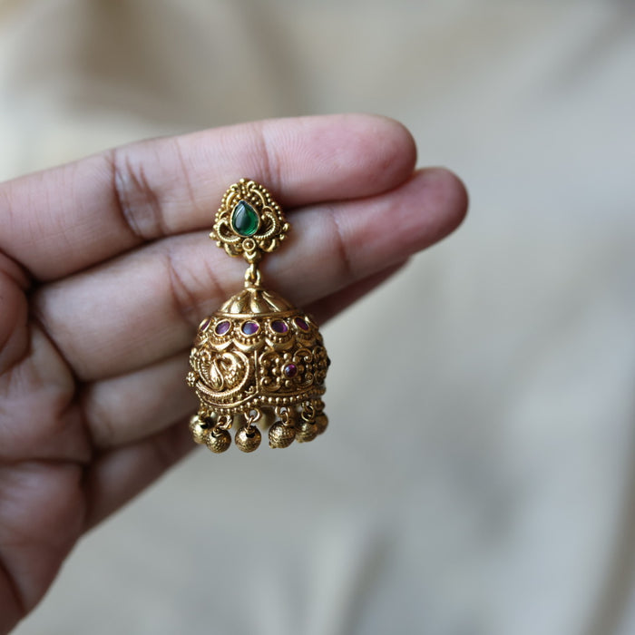 Antique green stone jumka earrings AJJ07852