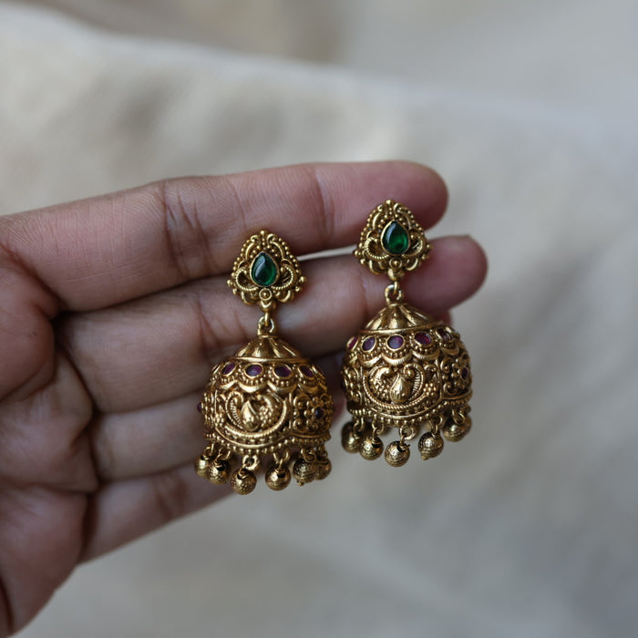 Antique green stone jumka earrings AJJ07852