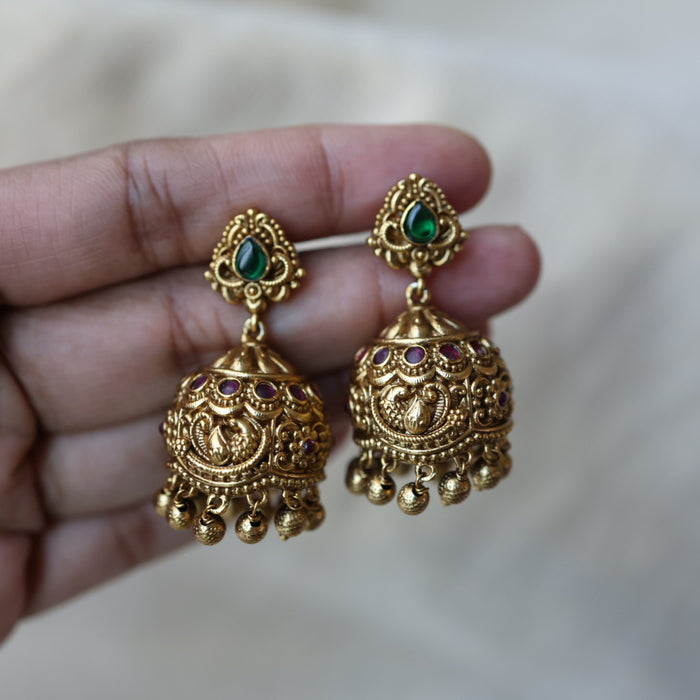 Antique green stone jumka earrings AJJ07852