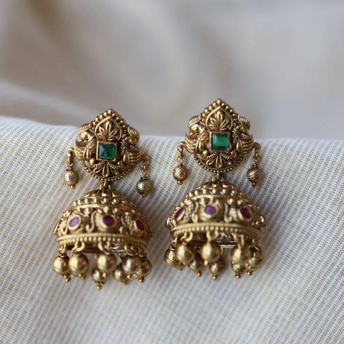 Antique ruby green stone jumka earrings AJJ178