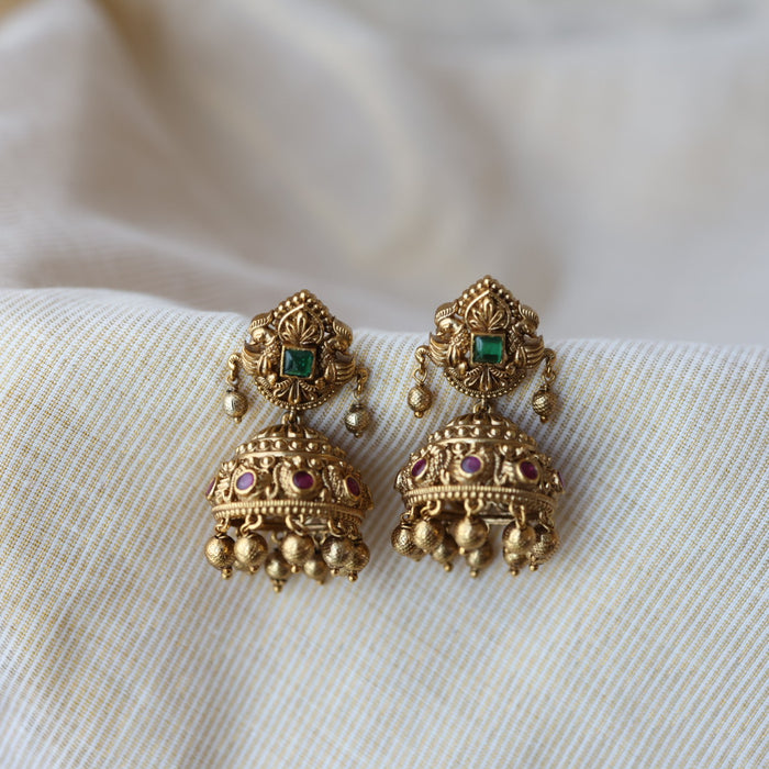 Antique ruby green stone jumka earrings AJJ178