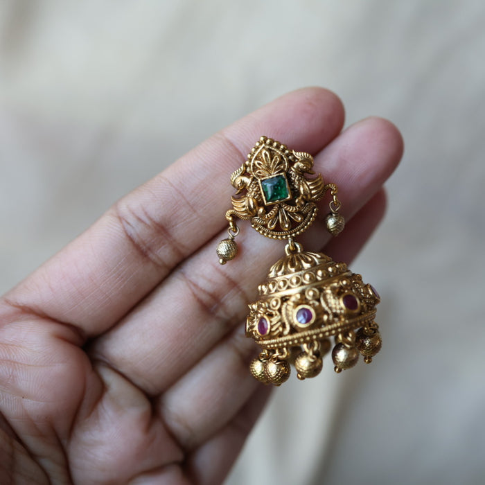 Antique ruby green stone jumka earrings AJJ178