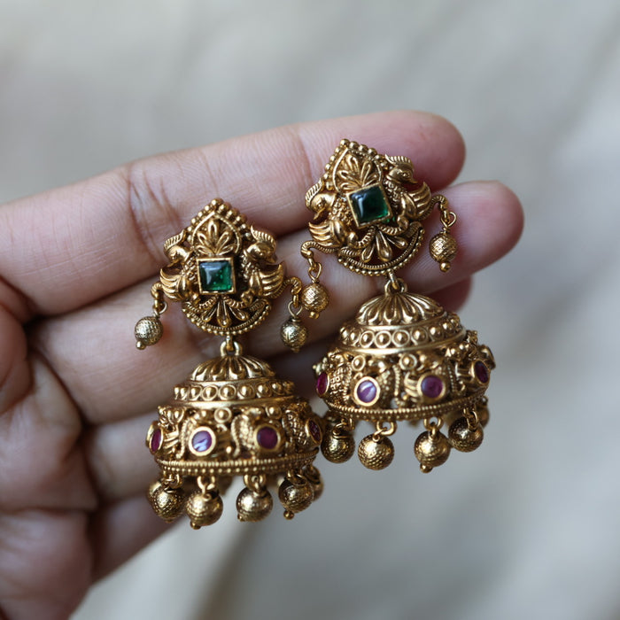 Antique ruby green stone jumka earrings AJJ178
