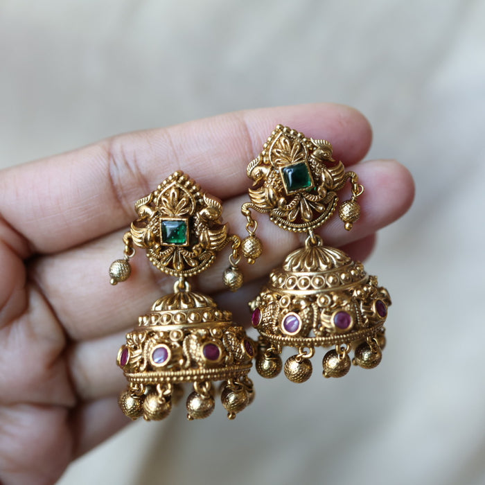 Antique ruby green stone jumka earrings AJJ178