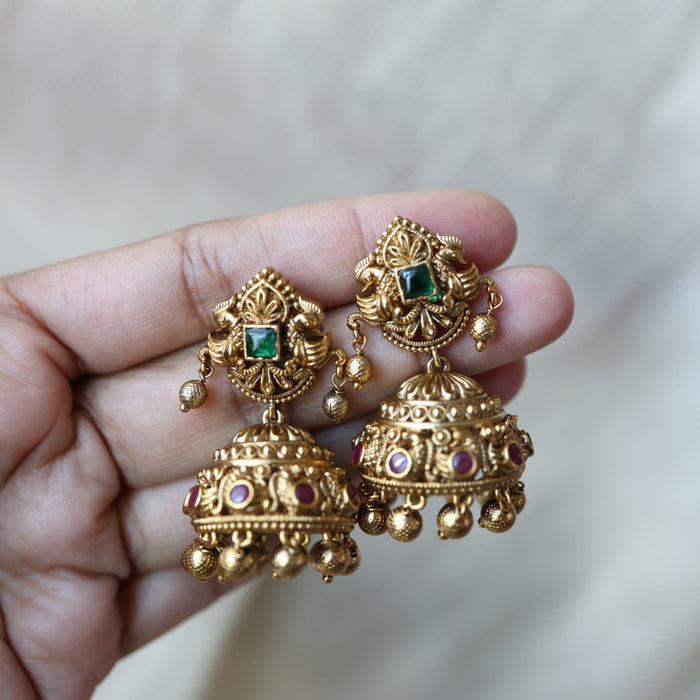 Antique ruby green stone jumka earrings AJJ178