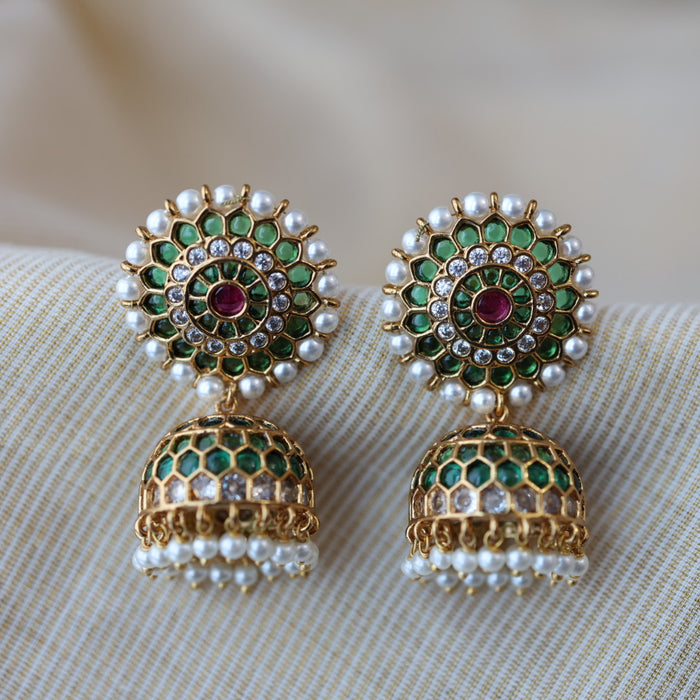 Antique green stone and pearl jumka earrings AJJ612