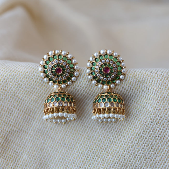 Antique green stone and pearl jumka earrings AJJ612
