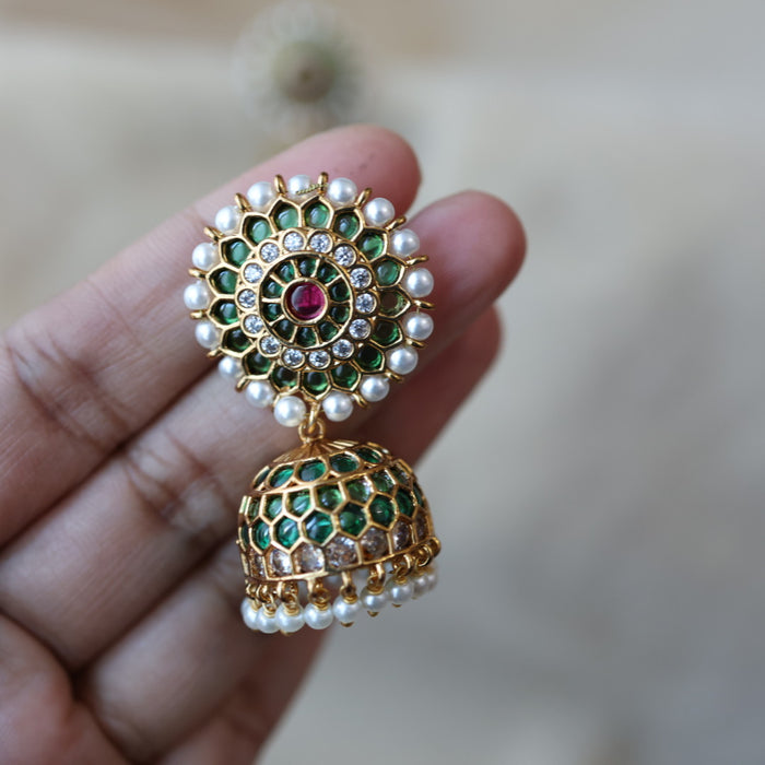 Antique green stone and pearl jumka earrings AJJ612