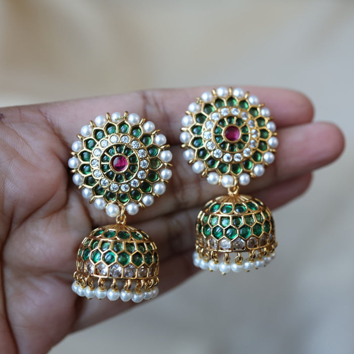 Antique green stone and pearl jumka earrings AJJ612