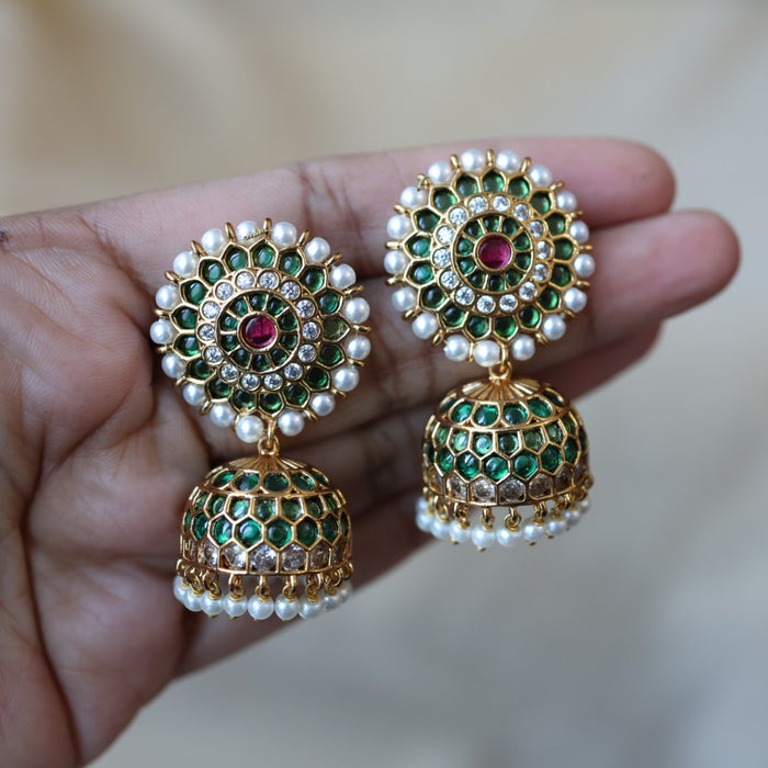 Antique green stone and pearl jumka earrings AJJ612
