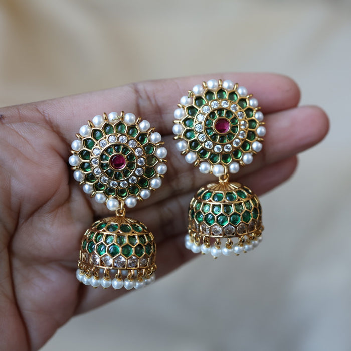 Antique green stone and pearl jumka earrings AJJ612