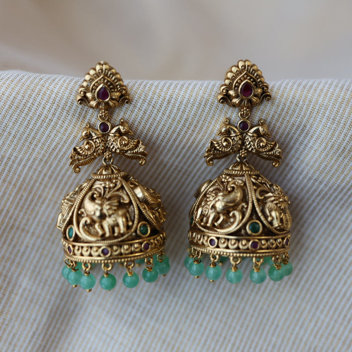 Antique gold green bead jumka earrings AJJ6213