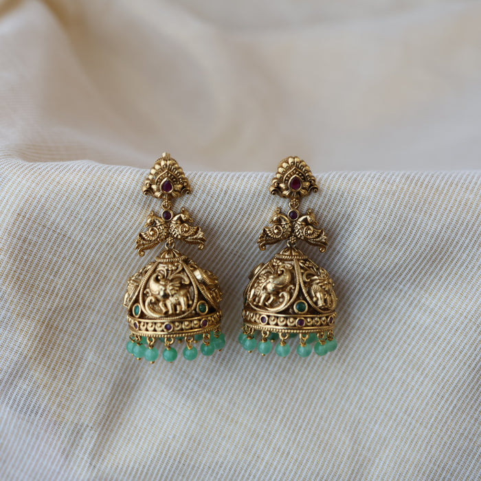 Antique gold green bead jumka earrings AJJ6213
