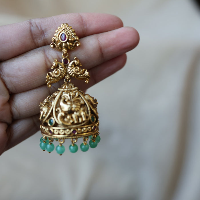 Antique gold green bead jumka earrings AJJ6213