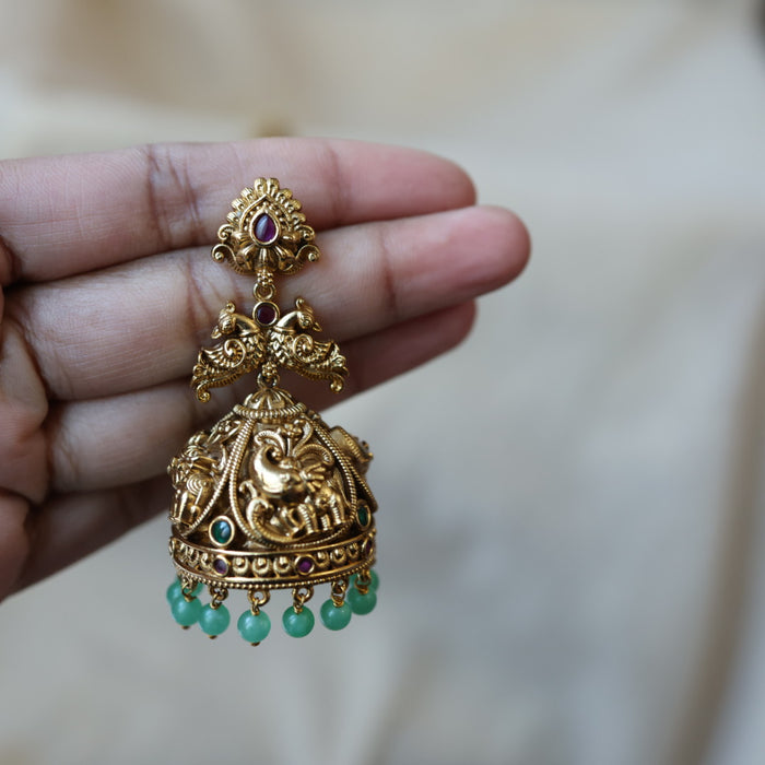 Antique gold green bead jumka earrings AJJ6213