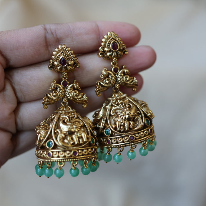 Antique gold green bead jumka earrings AJJ6213