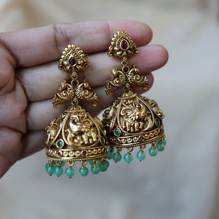 Antique gold green bead jumka earrings AJJ6213