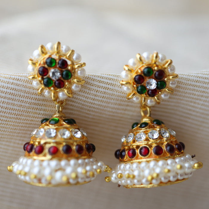 Antique ruby green kemp stone jumka earrings AJ785-2